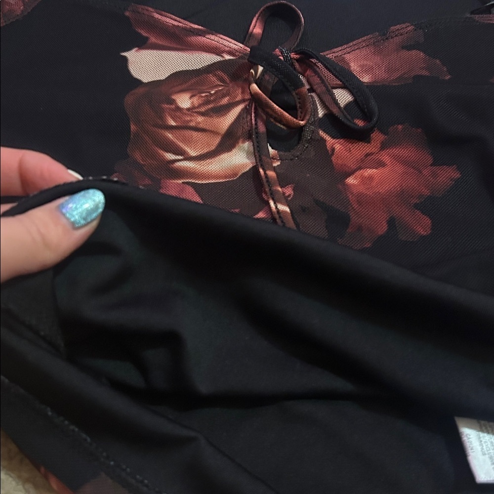 Whimsigoth Twik Black and Pink romantic Floral Mesh sleeves Tie Up Crop Top - Picture 6 of 8